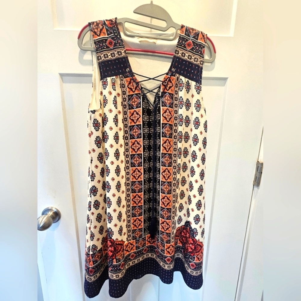 Altar'd State Boho Sleeveless Dress Women's Size M Tassel Tie Geometric Print
